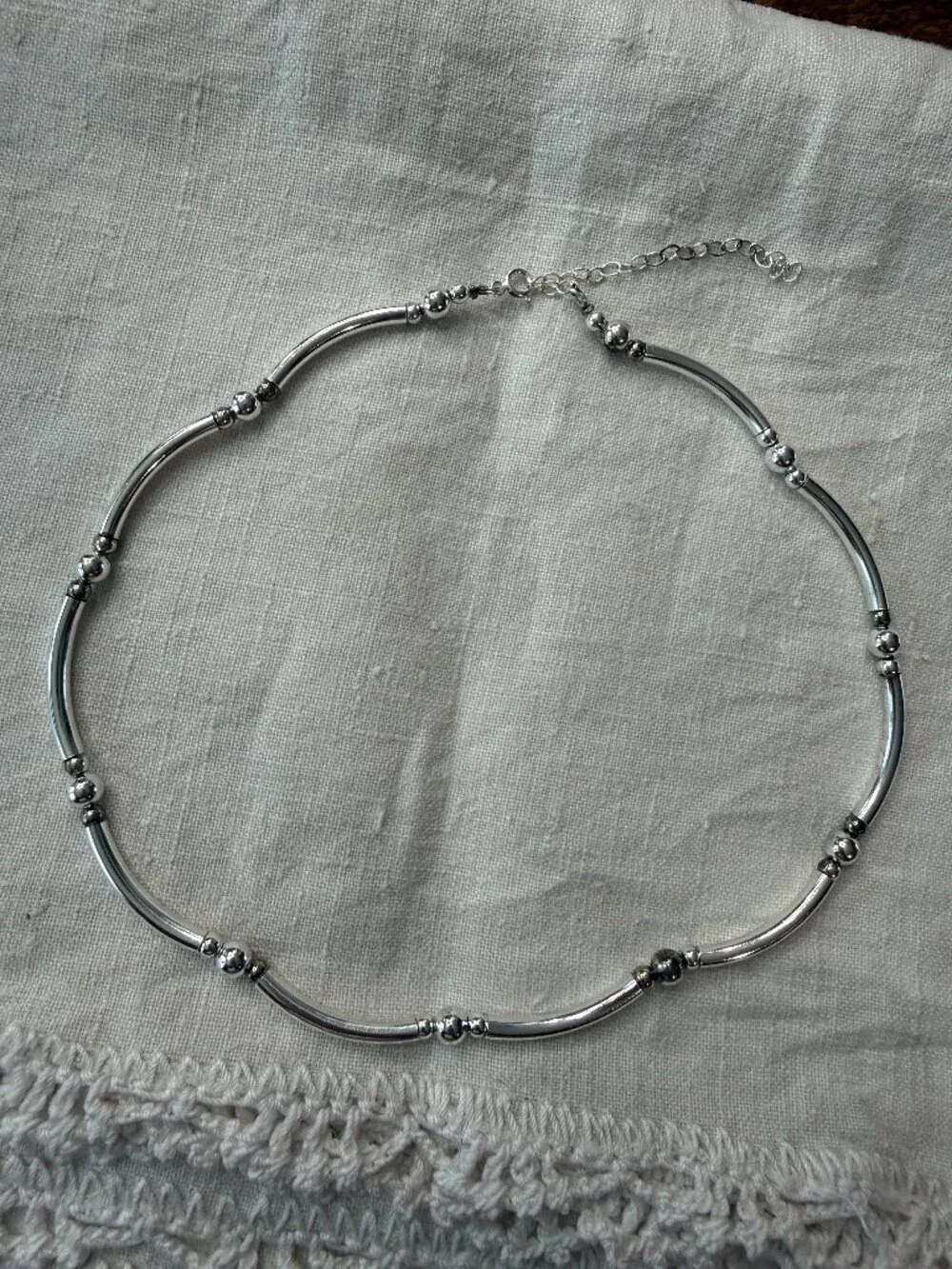 Vintage Sterling Silver Tube & Curved Ball Link Necklace, Expandable 16-19